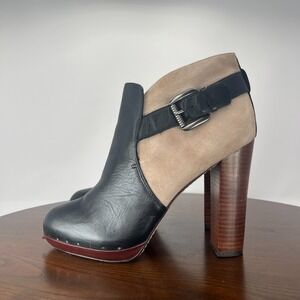 Sam Edelman LULU Ankle Boots Women 9M Black Tan Leather Suede Strap Heel Bootie‎